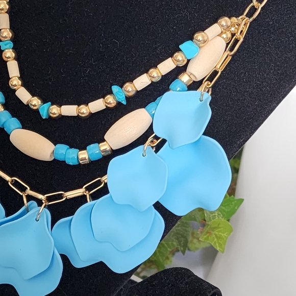 Boho Blue Multi Strand Petal Necklace Earrings Set New - Picture 5 of 7